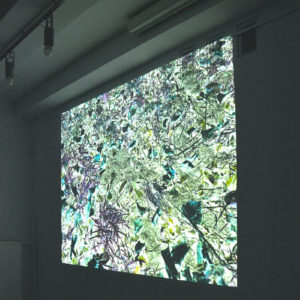 Zdjęcie przedstawia fragment projektu artystycznego Mateusza Kokota, wizualizacje multimedialne na ścianach galerii.