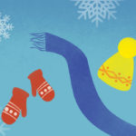grafika z niebieskim tłem, przedstawiająca białe płatki śniegu, czerwone rękawiczki, niebieski szalik i żółtą czapkę
