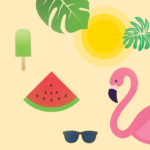 Grafika przedstawiająca ilustracje flaminga, arbuza, okulary przeciwsłoneczne, słońce, liście tropikalnych roślin i loda na patyku
