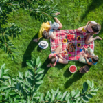 zdjęcie z lotu ptaka na rodzinę siedząca na kocu na trawie i jedzącą śniadanie