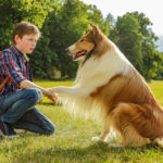 chłopiec trzymający łapkę psa