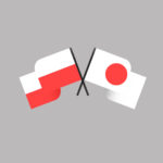 Grafika przedstawia dwie skrzyżowane flagi w barwach Polski i Japonii na szarym tle