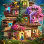 grafika z animacji "Encanto" kolorowy dom a przed nim stoi rozmarzona bohaterka