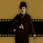 na grafice postać Charliego Chaplina na brązowym tle, na którym widać kinowy pasek
