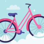 na błękitnym tle chmurki na których stoi różowy rower