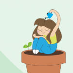 grafika która przedstawia dziewczynkę która siedzi w doniczce i polewa siebie wodą, obok niej zielona roślinka