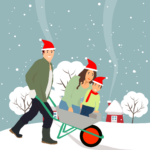 atmosfera noworoczna, wokół śnieg i rodzina w czapkach świątecznych