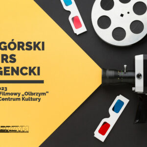 grafika z tytułem Tarnogórski Konkurs Prelegencki na żółtym tle obok po prawej stronie czarne tło na której rozmieszczone elementy kinowe okulary 3d i kamera