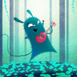 animacja do pt. filmu YUKU I MAGICZNY KWIAT, która przedstawia mysz w niebieskim kolorze grającą na ukulele, w tle niebieski magiczny świat