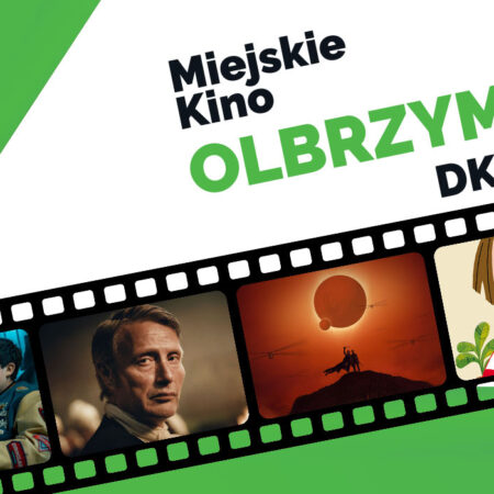 Zdjęcie przedstawia kadry z filmów, taśmę kinową oraz napis Miejskie Kino Olbrzym DKF